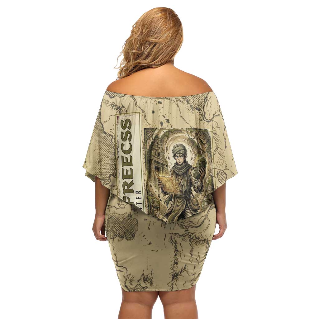 Ging Freecss Theme Desert Explorer Design Family Matching Off Shoulder Short Dress and Hawaiian Shirt with Ancient Map Background and Adventure Card Artwork