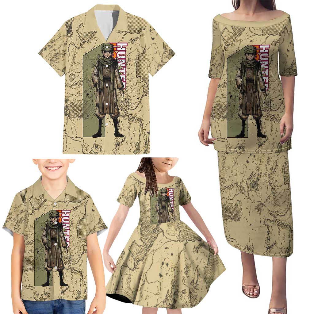 Ging Freecss Theme Desert Explorer Design Family Matching Puletasi and Hawaiian Shirt with Ancient Map Background and Adventure Card Artwork