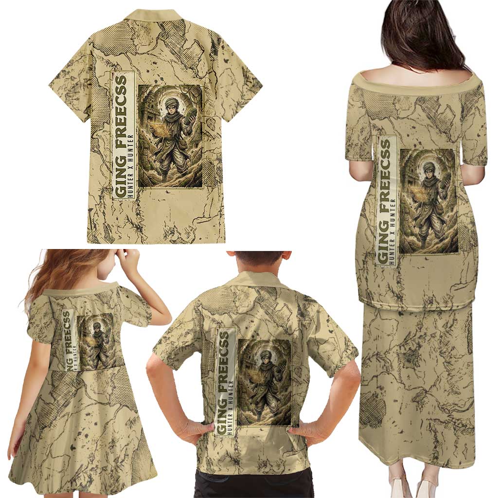 Ging Freecss Theme Desert Explorer Design Family Matching Puletasi and Hawaiian Shirt with Ancient Map Background and Adventure Card Artwork