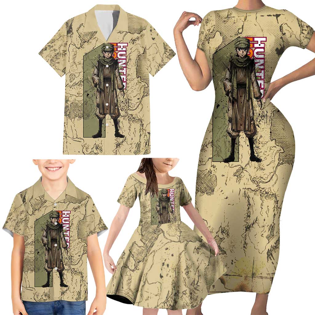 Ging Freecss Theme Desert Explorer Design Family Matching Short Sleeve Bodycon Dress and Hawaiian Shirt with Ancient Map Background and Adventure Card Artwork