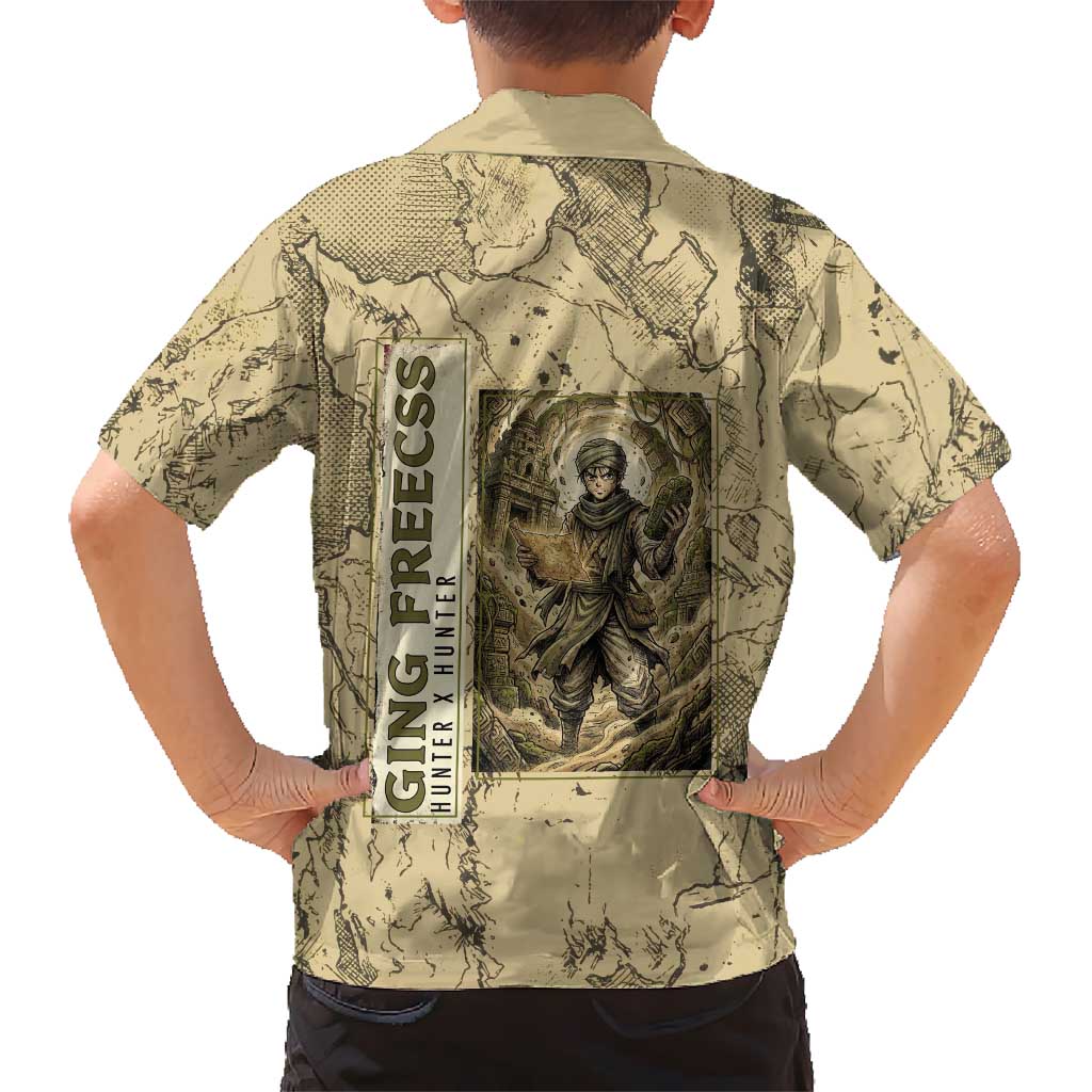 Ging Freecss Theme Desert Explorer Design Family Matching Short Sleeve Bodycon Dress and Hawaiian Shirt with Ancient Map Background and Adventure Card Artwork