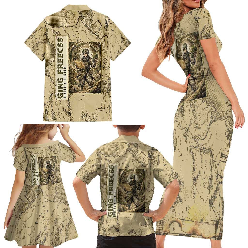Ging Freecss Theme Desert Explorer Design Family Matching Short Sleeve Bodycon Dress and Hawaiian Shirt with Ancient Map Background and Adventure Card Artwork