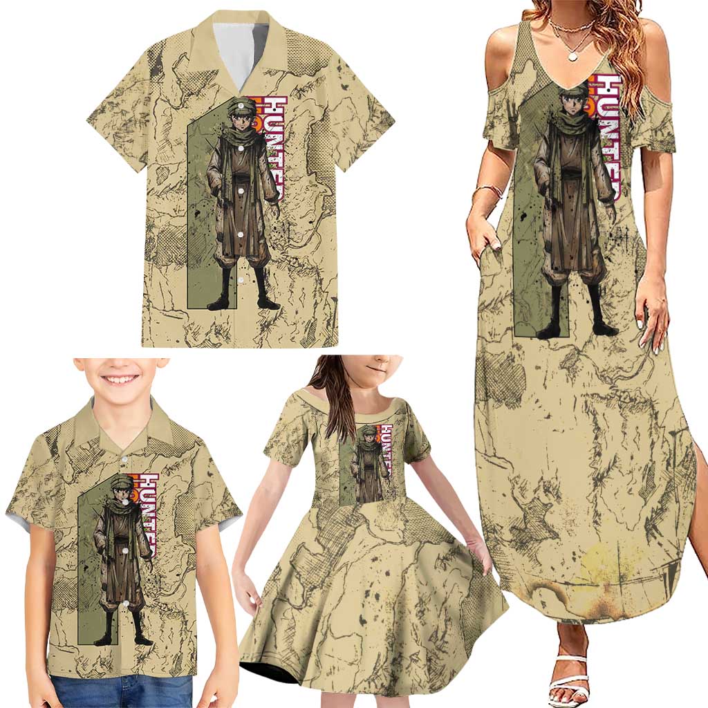 Ging Freecss Theme Desert Explorer Design Family Matching Summer Maxi Dress and Hawaiian Shirt with Ancient Map Background and Adventure Card Artwork