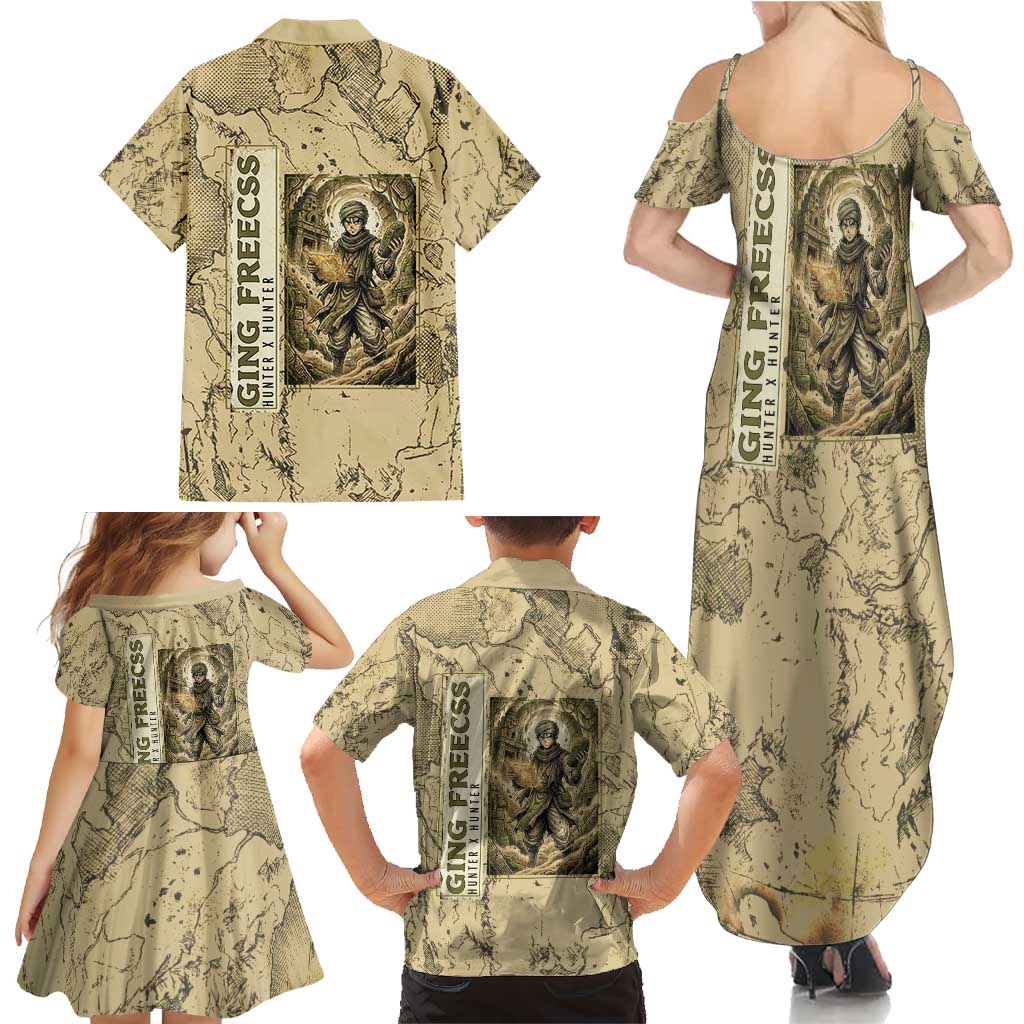 Ging Freecss Theme Desert Explorer Design Family Matching Summer Maxi Dress and Hawaiian Shirt with Ancient Map Background and Adventure Card Artwork