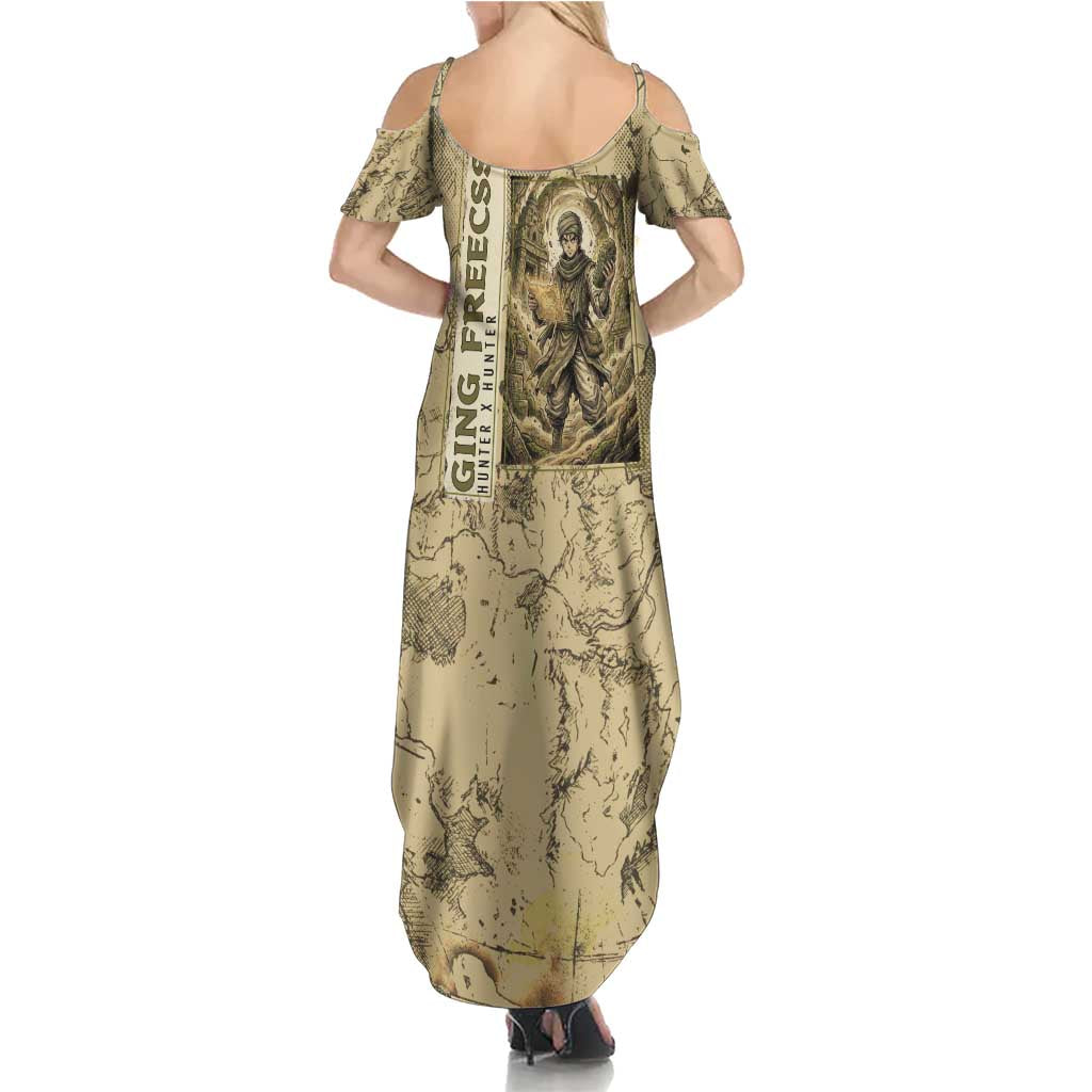 Ging Freecss Theme Desert Explorer Design Family Matching Summer Maxi Dress and Hawaiian Shirt with Ancient Map Background and Adventure Card Artwork