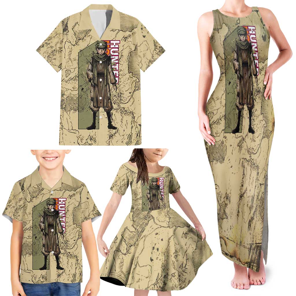 Ging Freecss Theme Desert Explorer Design Family Matching Tank Maxi Dress and Hawaiian Shirt with Ancient Map Background and Adventure Card Artwork