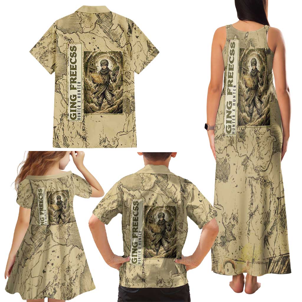 Ging Freecss Theme Desert Explorer Design Family Matching Tank Maxi Dress and Hawaiian Shirt with Ancient Map Background and Adventure Card Artwork