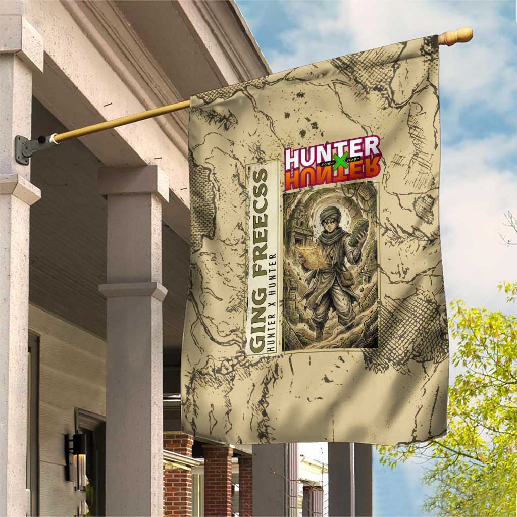 Ging Freecss Theme Desert Explorer Design Garden Flag with Ancient Map Background and Adventure Card Artwork - The Mazicc