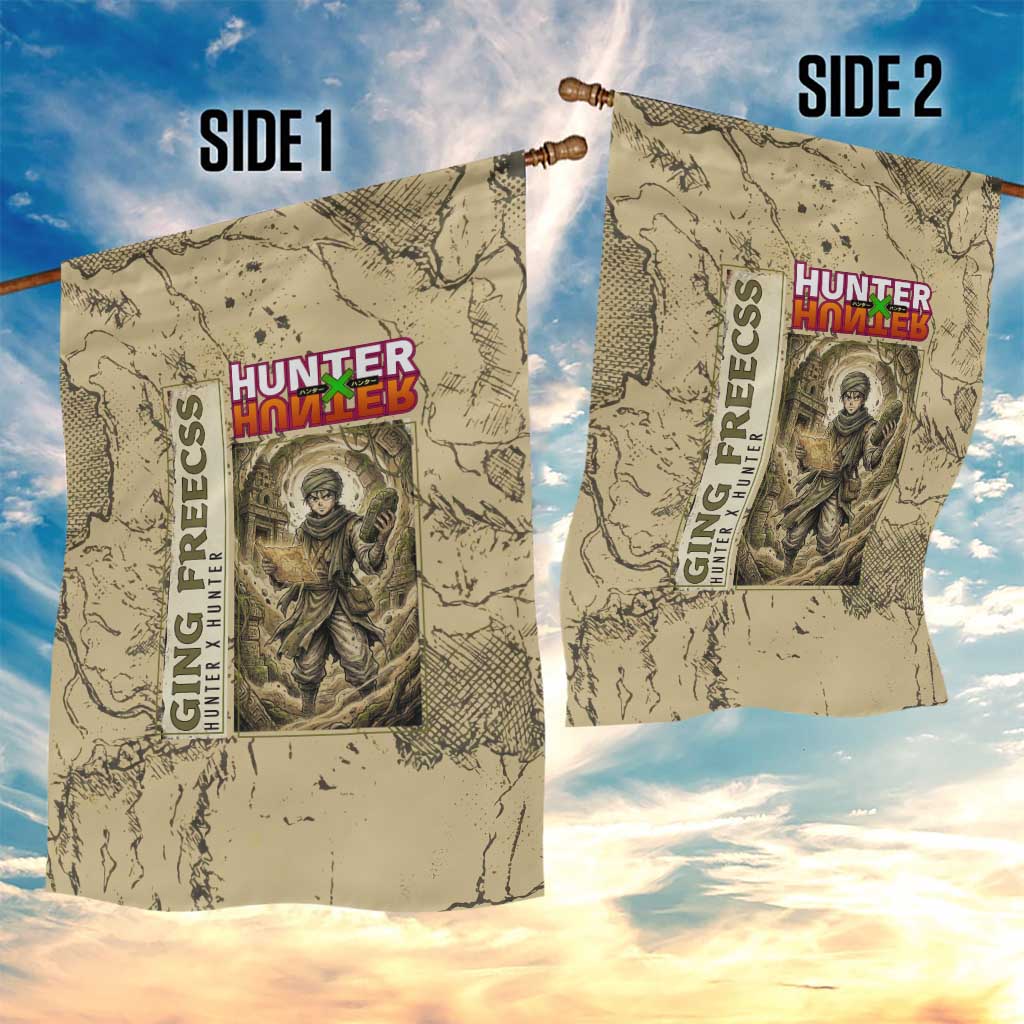 Ging Freecss Theme Desert Explorer Design Garden Flag with Ancient Map Background and Adventure Card Artwork - The Mazicc