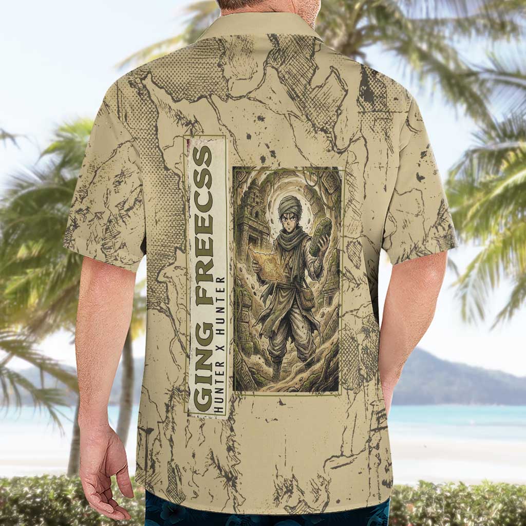 Ging Freecss Theme Desert Explorer Design Hawaiian Shirt with Ancient Map Background and Adventure Card Artwork - The Mazicc