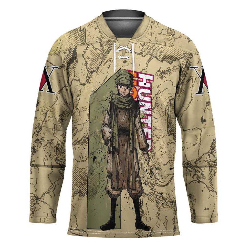 Ging Freecss Theme Desert Explorer Design Hockey Jersey with Ancient Map Background and Adventure Card Artwork - The Mazicc
