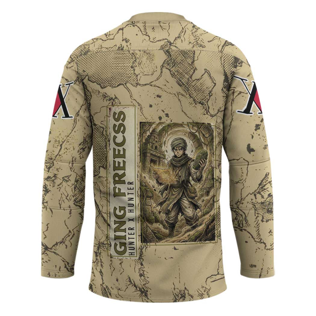 Ging Freecss Theme Desert Explorer Design Hockey Jersey with Ancient Map Background and Adventure Card Artwork - The Mazicc