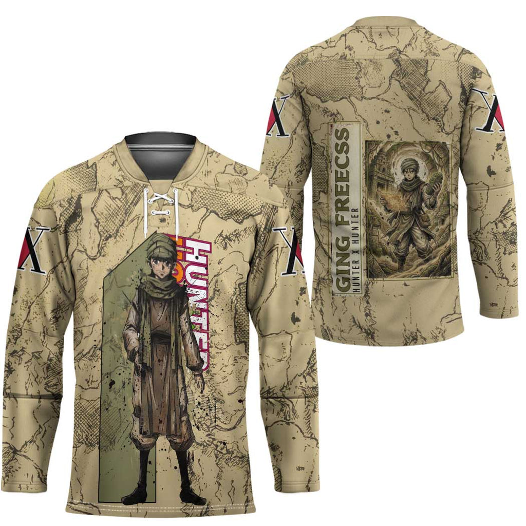 Ging Freecss Theme Desert Explorer Design Hockey Jersey with Ancient Map Background and Adventure Card Artwork - The Mazicc