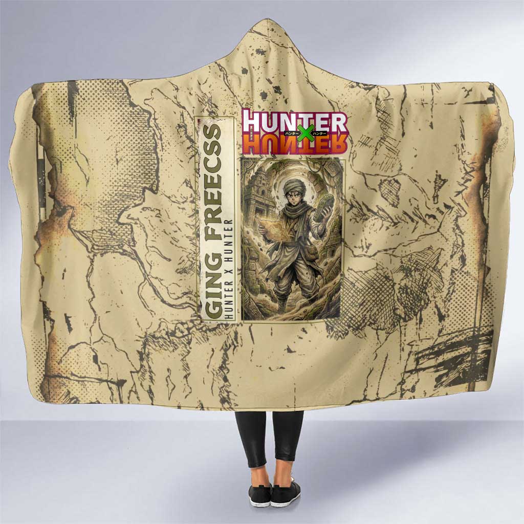 Ging Freecss Theme Desert Explorer Design Hooded Blanket with Ancient Map Background and Adventure Card Artwork - The Mazicc