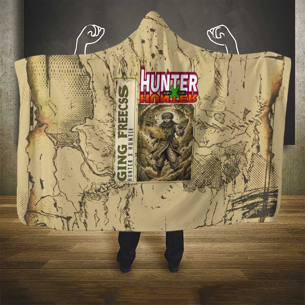 Ging Freecss Theme Desert Explorer Design Hooded Blanket with Ancient Map Background and Adventure Card Artwork - The Mazicc