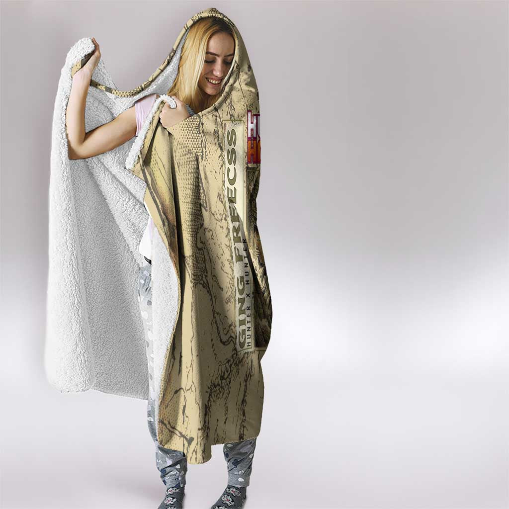 Ging Freecss Theme Desert Explorer Design Hooded Blanket with Ancient Map Background and Adventure Card Artwork - The Mazicc