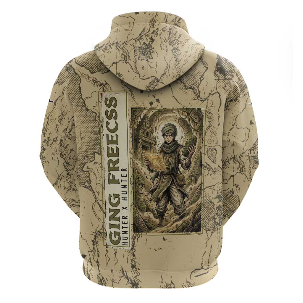 Ging Freecss Theme Desert Explorer Design Hoodie with Ancient Map Background and Adventure Card Artwork - The Mazicc