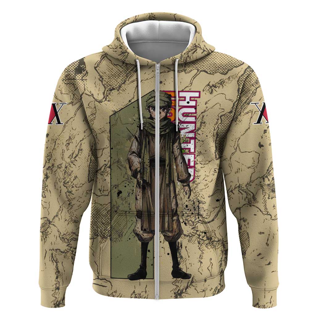 Ging Freecss Theme Desert Explorer Design Hoodie with Ancient Map Background and Adventure Card Artwork - The Mazicc