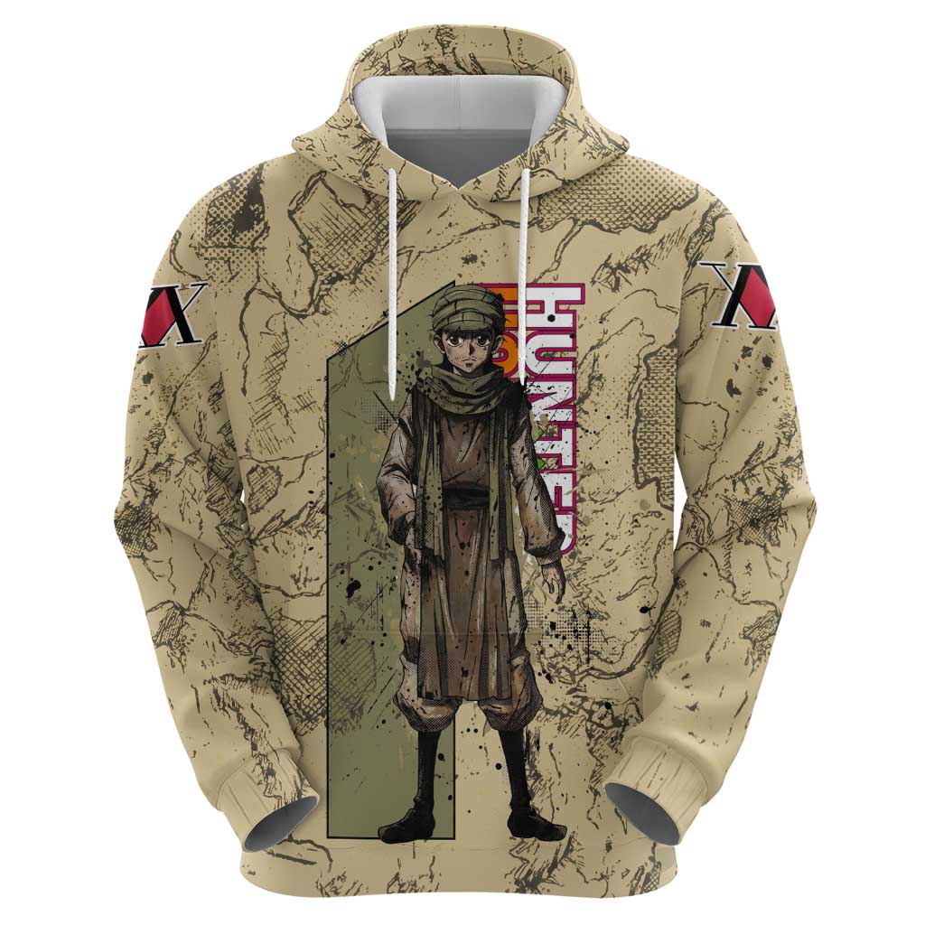 Ging Freecss Theme Desert Explorer Design Hoodie with Ancient Map Background and Adventure Card Artwork - The Mazicc