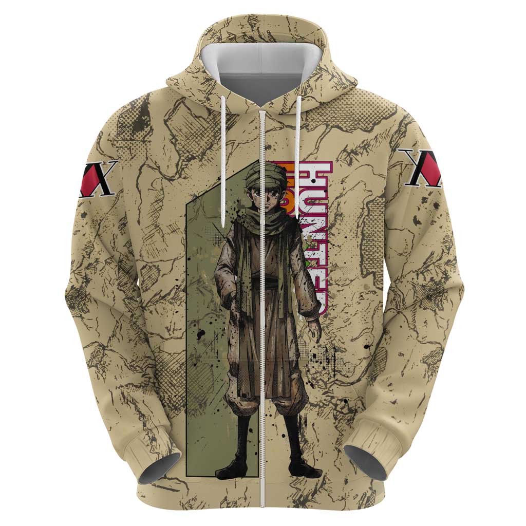 Ging Freecss Theme Desert Explorer Design Hoodie with Ancient Map Background and Adventure Card Artwork - The Mazicc