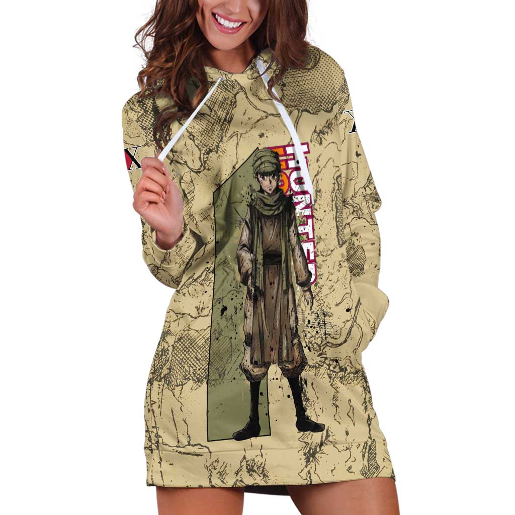 Ging Freecss Theme Desert Explorer Design Hoodie Dress with Ancient Map Background and Adventure Card Artwork - The Mazicc