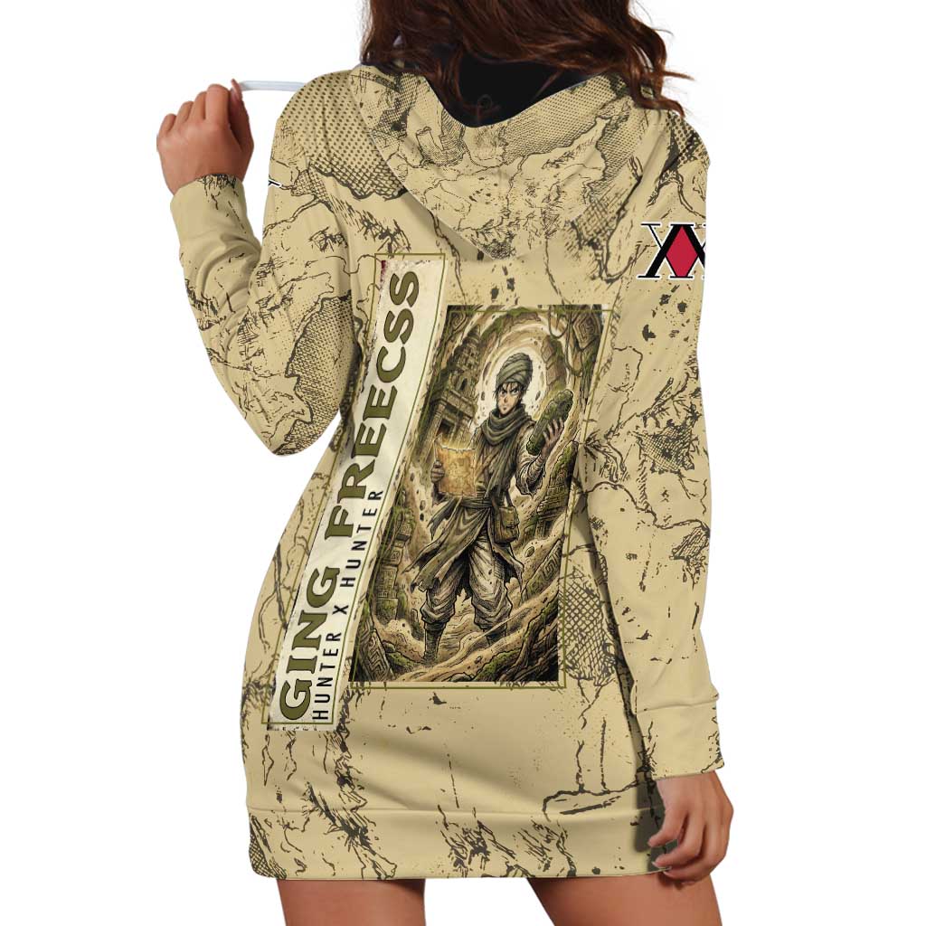 Ging Freecss Theme Desert Explorer Design Hoodie Dress with Ancient Map Background and Adventure Card Artwork - The Mazicc