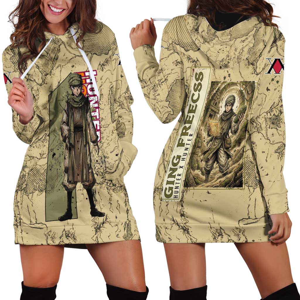 Ging Freecss Theme Desert Explorer Design Hoodie Dress with Ancient Map Background and Adventure Card Artwork - The Mazicc