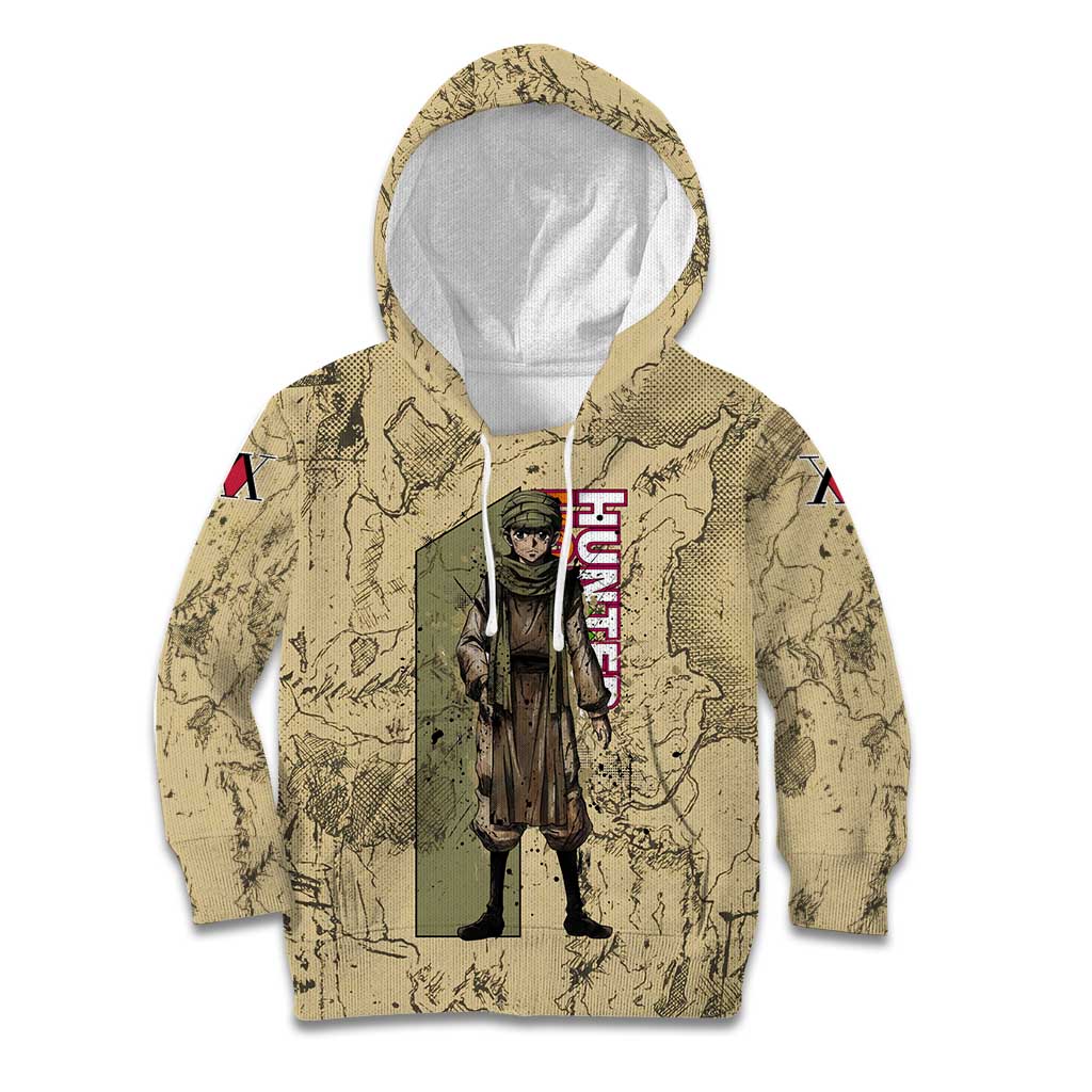 Ging Freecss Theme Desert Explorer Design Kid Hoodie with Ancient Map Background and Adventure Card Artwork - The Mazicc