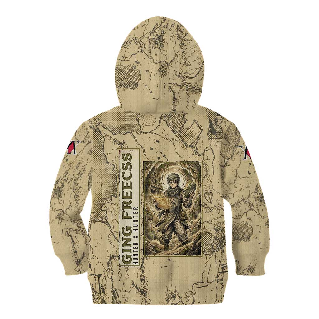 Ging Freecss Theme Desert Explorer Design Kid Hoodie with Ancient Map Background and Adventure Card Artwork - The Mazicc