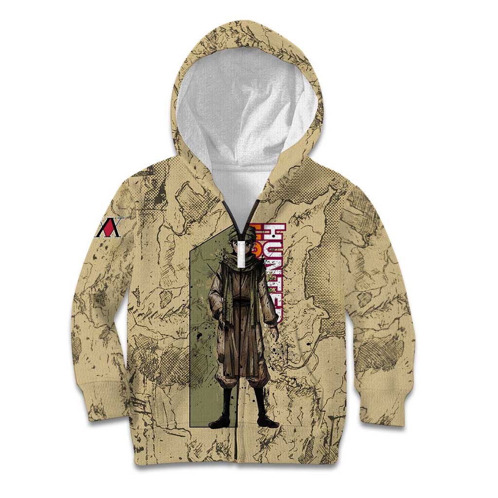 Ging Freecss Theme Desert Explorer Design Kid Hoodie with Ancient Map Background and Adventure Card Artwork - The Mazicc