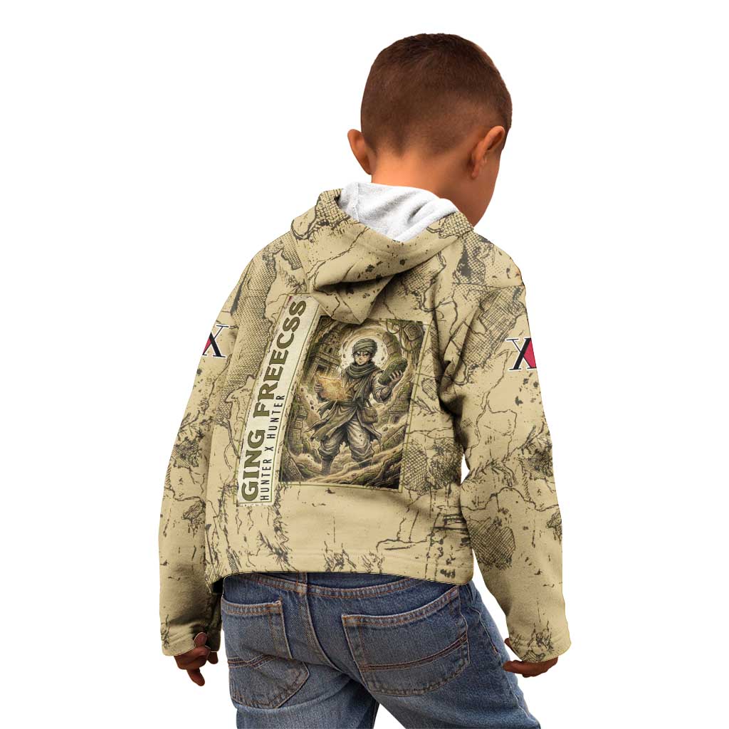 Ging Freecss Theme Desert Explorer Design Kid Hoodie with Ancient Map Background and Adventure Card Artwork - The Mazicc