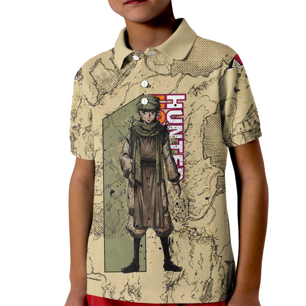 Ging Freecss Theme Desert Explorer Design Kid Polo Shirt with Ancient Map Background and Adventure Card Artwork - The Mazicc