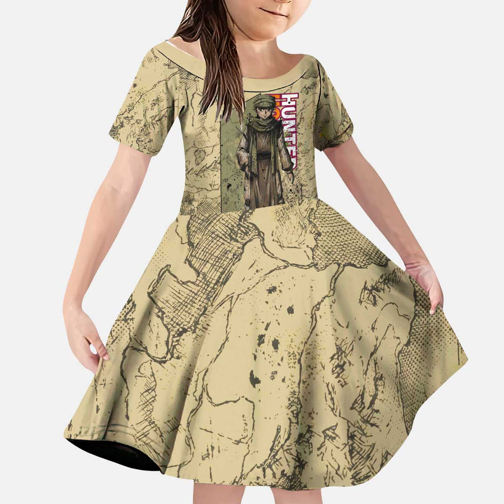 Ging Freecss Theme Desert Explorer Design Kid Short Sleeve Dress with Ancient Map Background and Adventure Card Artwork - The Mazicc