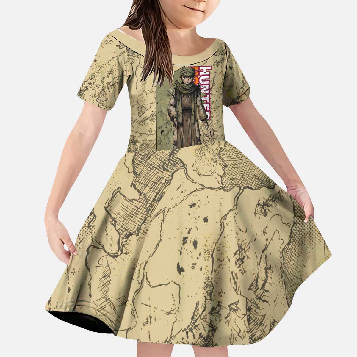 Ging Freecss Theme Desert Explorer Design Kid Short Sleeve Dress with Ancient Map Background and Adventure Card Artwork - The Mazicc