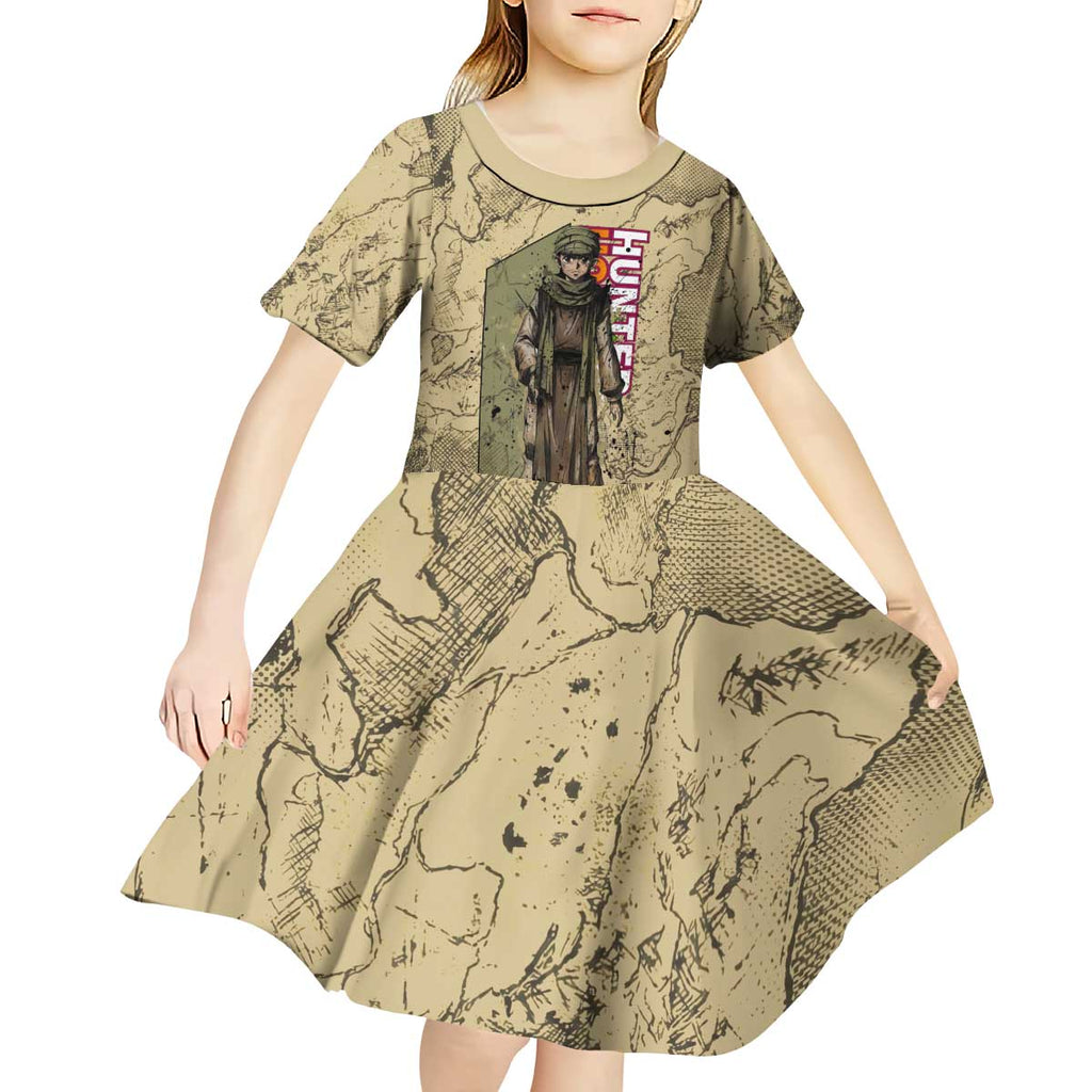 Ging Freecss Theme Desert Explorer Design Kid Short Sleeve Dress with Ancient Map Background and Adventure Card Artwork - The Mazicc