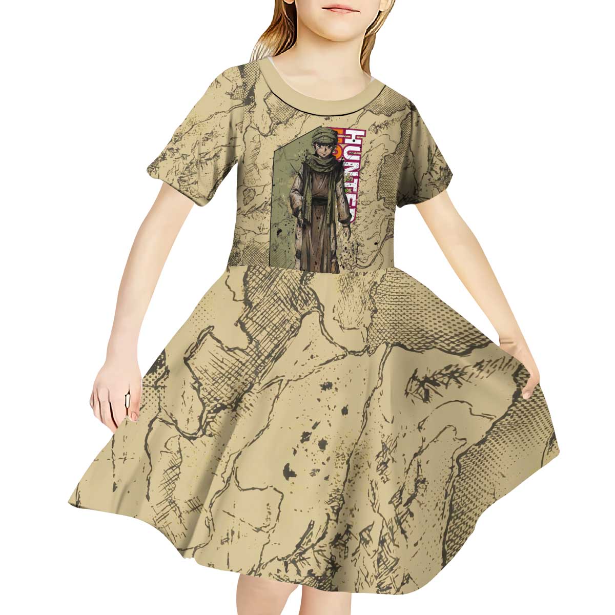 Ging Freecss Theme Desert Explorer Design Kid Short Sleeve Dress with Ancient Map Background and Adventure Card Artwork - The Mazicc