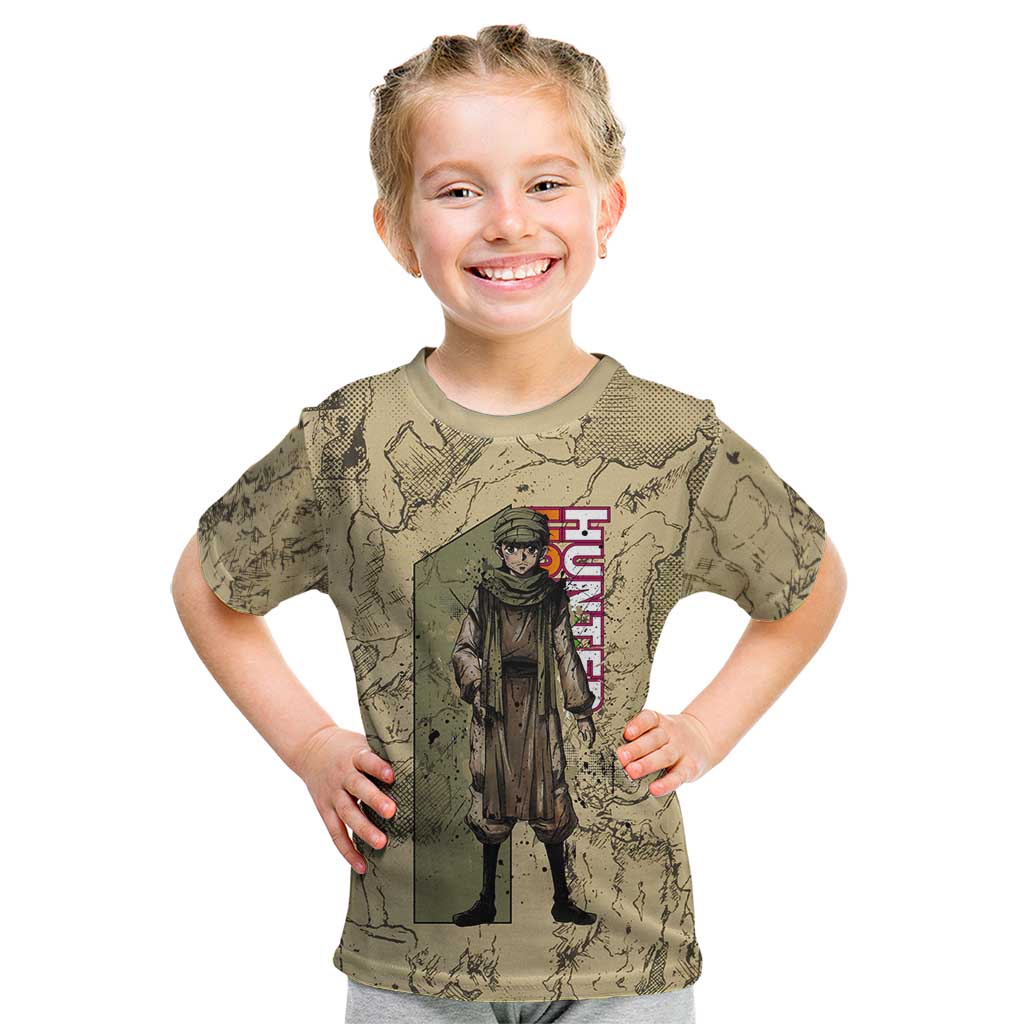 Ging Freecss Theme Desert Explorer Design Kid T Shirt with Ancient Map Background and Adventure Card Artwork - The Mazicc