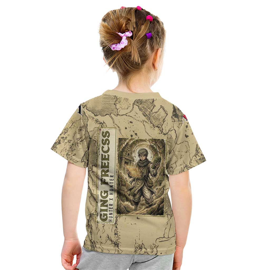 Ging Freecss Theme Desert Explorer Design Kid T Shirt with Ancient Map Background and Adventure Card Artwork - The Mazicc