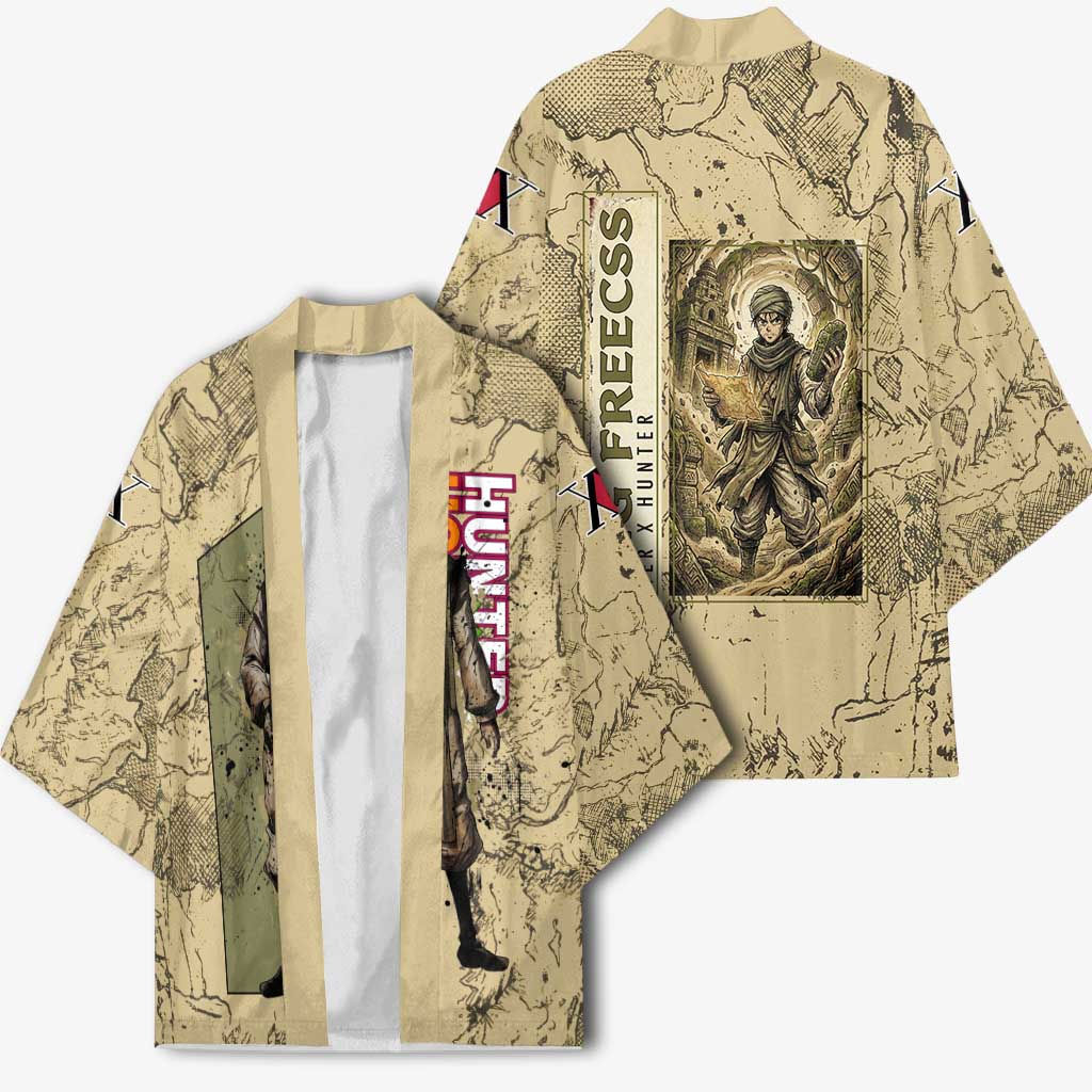 Ging Freecss Theme Desert Explorer Design Kimono with Ancient Map Background and Adventure Card Artwork - The Mazicc