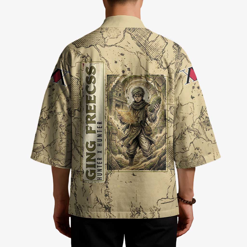 Ging Freecss Theme Desert Explorer Design Kimono with Ancient Map Background and Adventure Card Artwork - The Mazicc