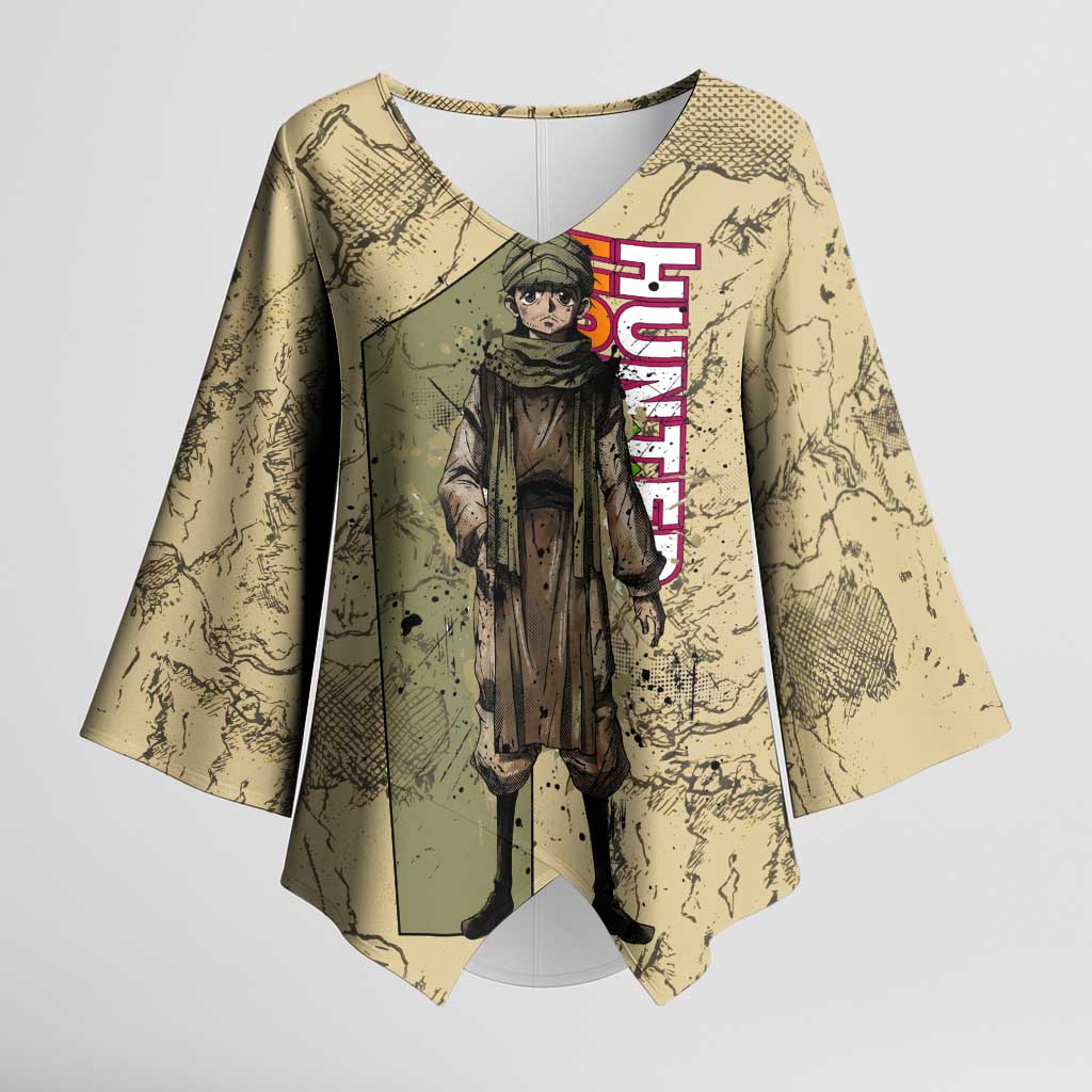 Ging Freecss Theme Desert Explorer Design Kimono Sleeve Blouse with Ancient Map Background and Adventure Card Artwork - The Mazicc