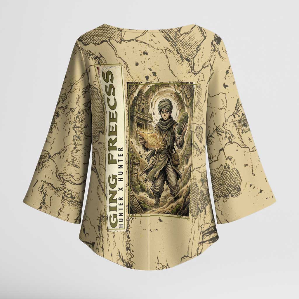 Ging Freecss Theme Desert Explorer Design Kimono Sleeve Blouse with Ancient Map Background and Adventure Card Artwork - The Mazicc