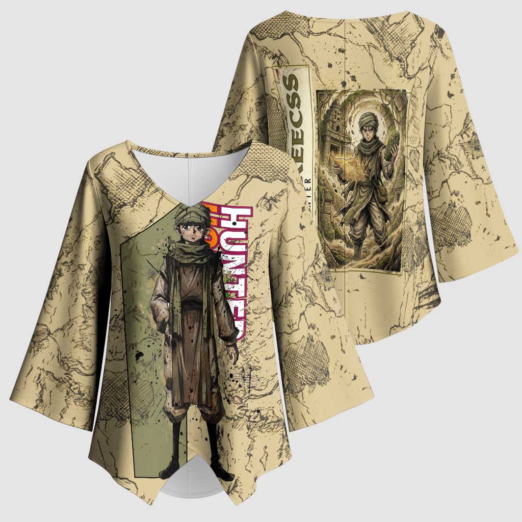 Ging Freecss Theme Desert Explorer Design Kimono Sleeve Blouse with Ancient Map Background and Adventure Card Artwork - The Mazicc