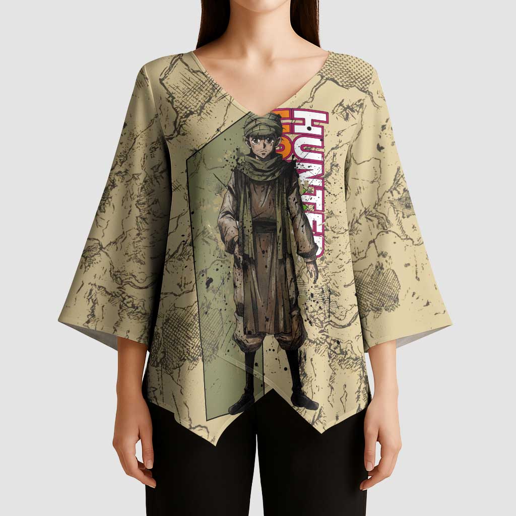 Ging Freecss Theme Desert Explorer Design Kimono Sleeve Blouse with Ancient Map Background and Adventure Card Artwork - The Mazicc