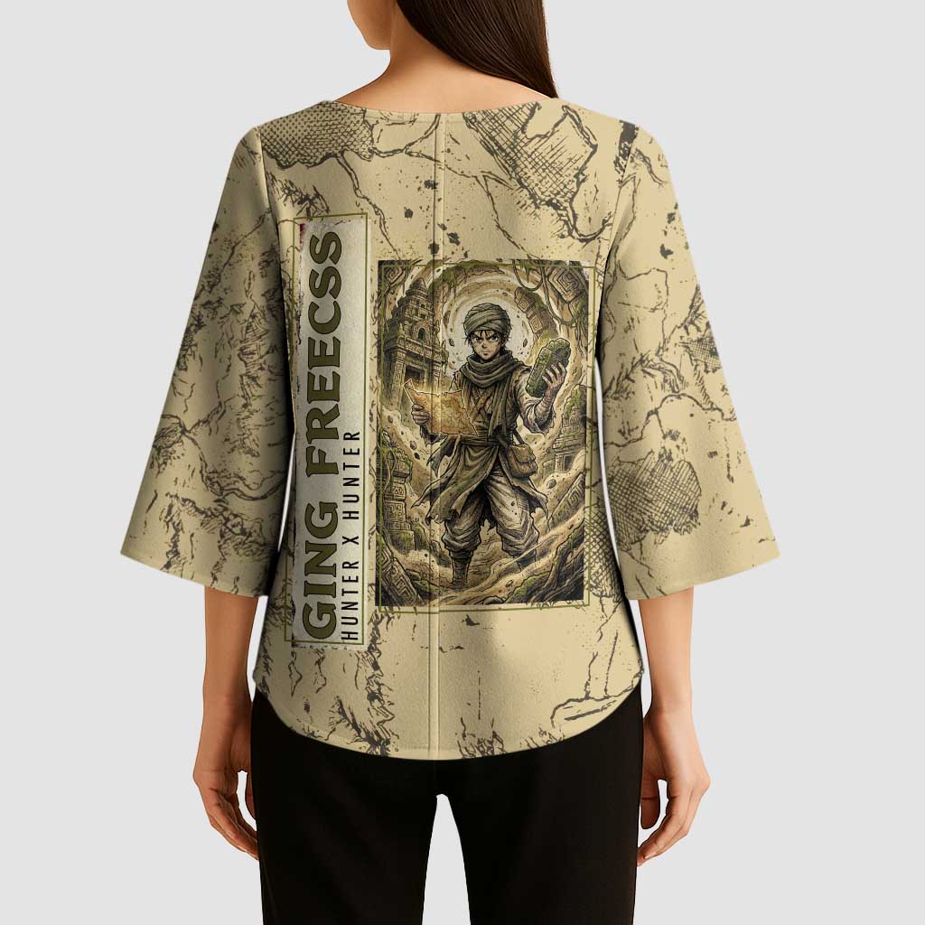 Ging Freecss Theme Desert Explorer Design Kimono Sleeve Blouse with Ancient Map Background and Adventure Card Artwork - The Mazicc