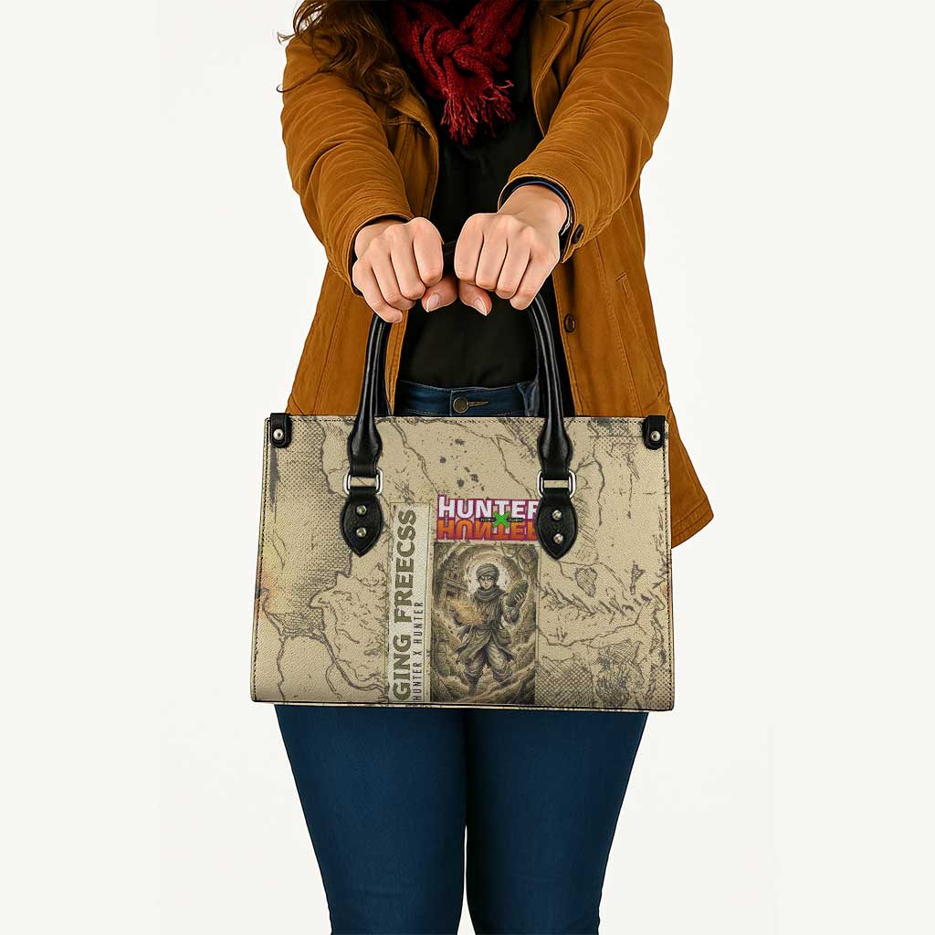 Ging Freecss Theme Desert Explorer Design Leather Bag with Ancient Map Background and Adventure Card Artwork - The Mazicc
