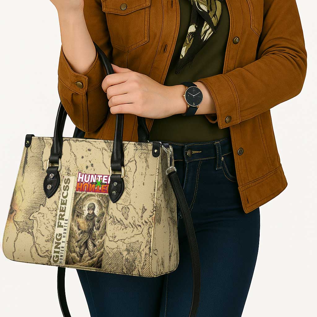 Ging Freecss Theme Desert Explorer Design Leather Bag with Ancient Map Background and Adventure Card Artwork - The Mazicc
