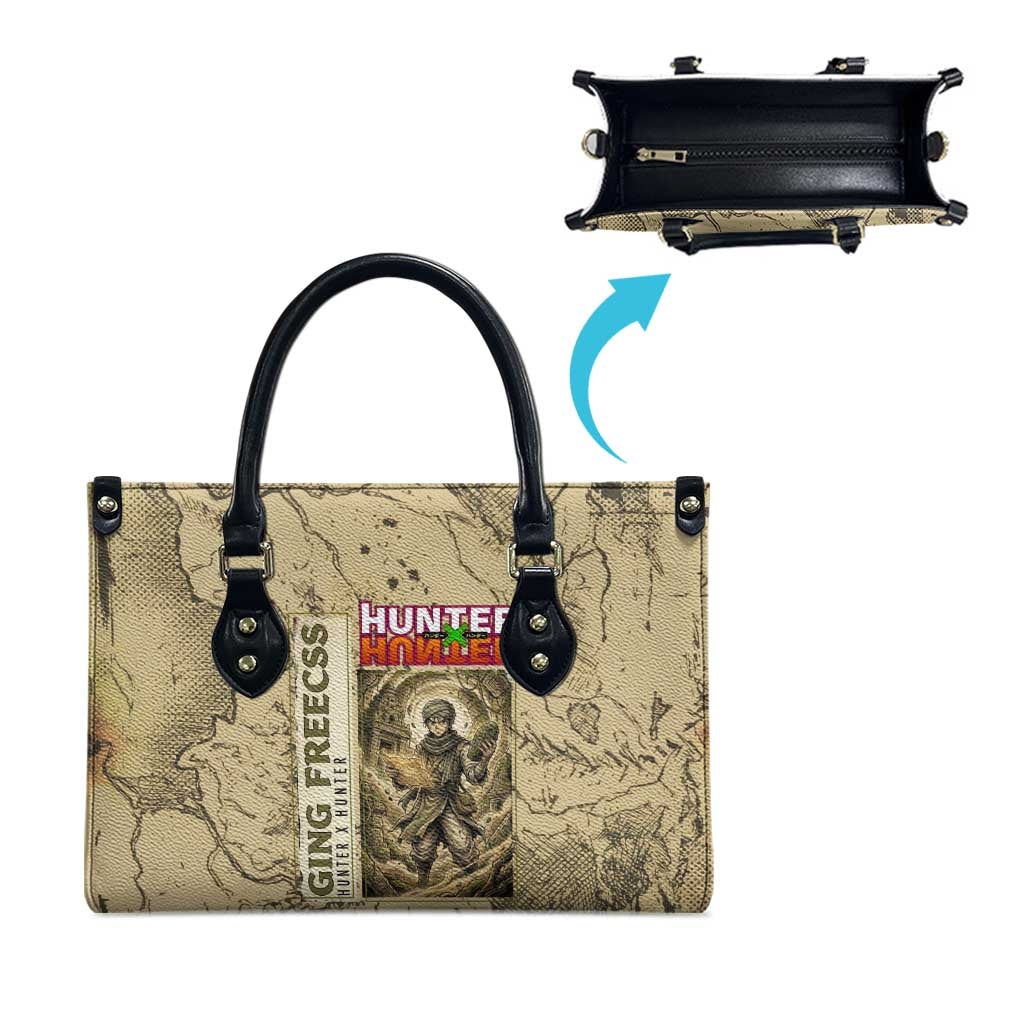 Ging Freecss Theme Desert Explorer Design Leather Bag with Ancient Map Background and Adventure Card Artwork - The Mazicc
