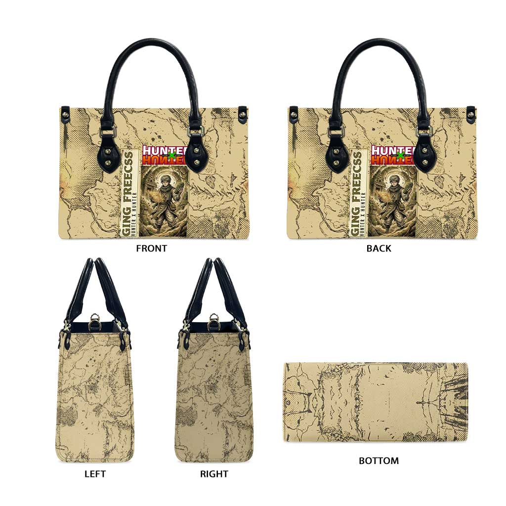 Ging Freecss Theme Desert Explorer Design Leather Bag with Ancient Map Background and Adventure Card Artwork - The Mazicc