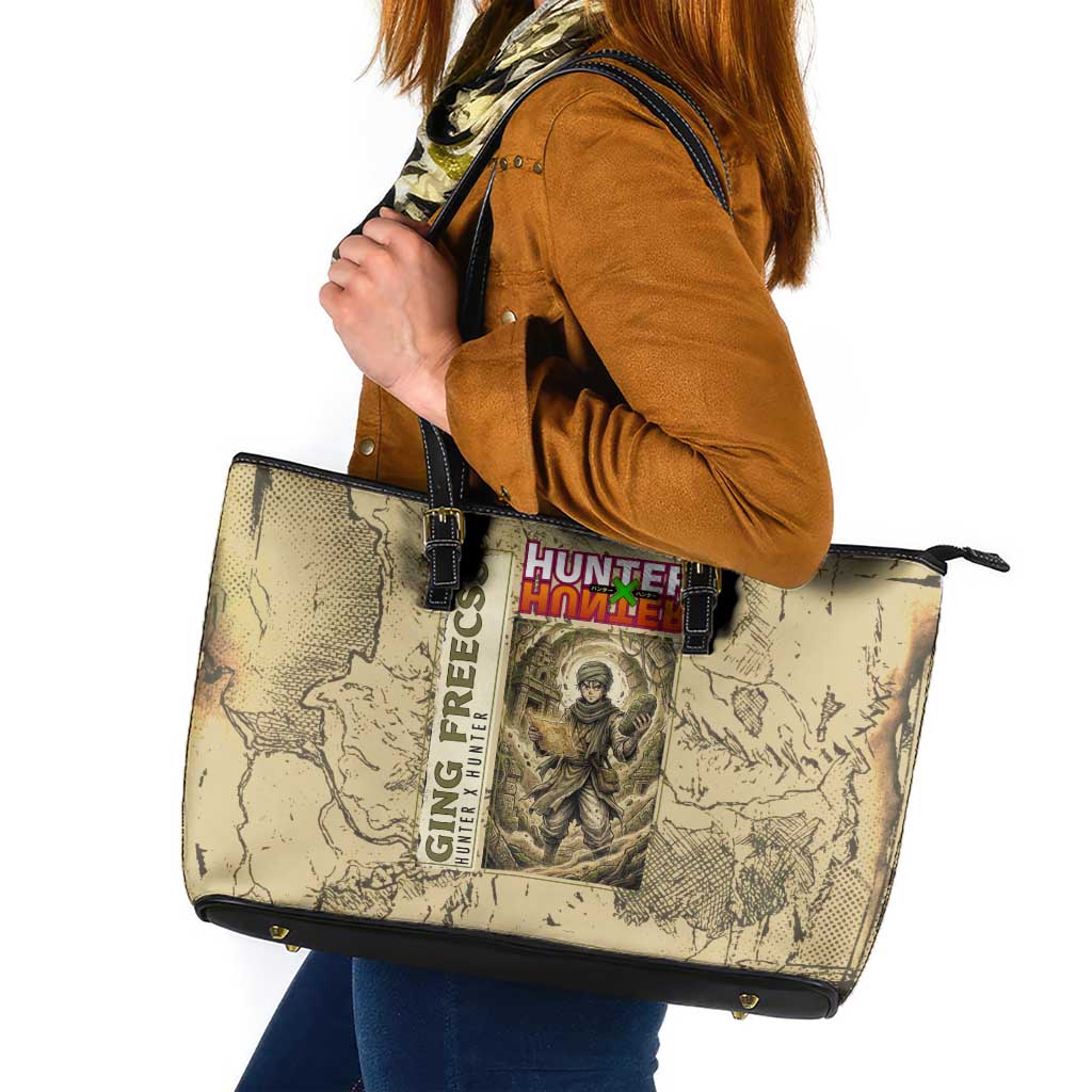 Ging Freecss Theme Desert Explorer Design Leather Tote Bag with Ancient Map Background and Adventure Card Artwork - The Mazicc